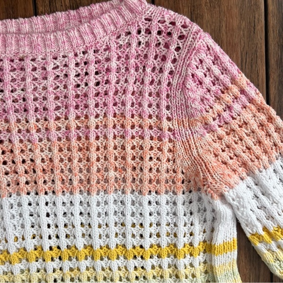 Talbots 100% Cotton Open Knit Pastel Stripe Sweater Boho Rainbow Coastal Medium - Picture 3 of 11